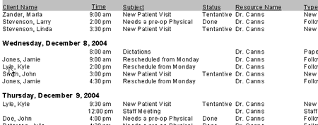 This week's appointment schedule
